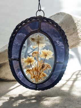 Impressions Oval Stained Glass Floral Suncatcher - Cream & Brown